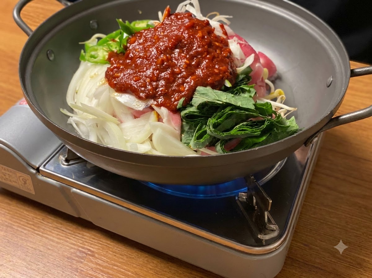 Zutaten köcheln in einer Pfanne über einer Gasflamme, wobei sich die rote Soße mit dem Fleisch und dem Gemüse verbindet.
