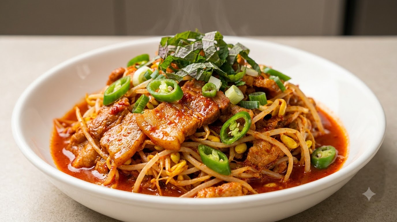 Würziger koreanischer Schweinefleisch-Bohnensprossen-Eintopf (Kongnamul Bulgogi)
