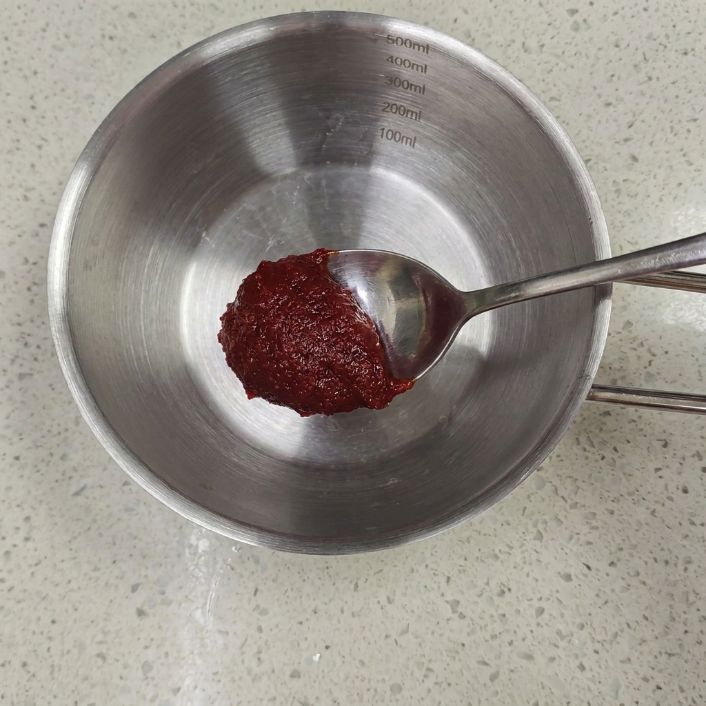Ein Löffel rote Chilipaste über einer Edelstahlschüssel mit Messskala an der Seite.
