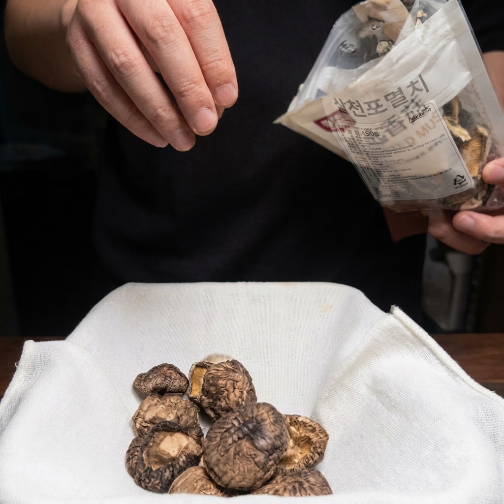Getrocknete Pilze und andere Zutaten für die Suppenbrühe werden in einen weißen Stoffbeutel gelegt.