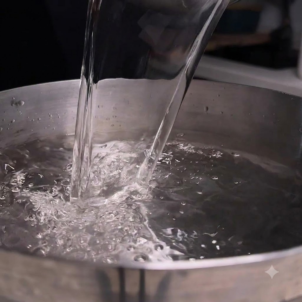 Wasser wird aus einer klaren Karaffe in einen Kochtopf aus Metall gegossen.