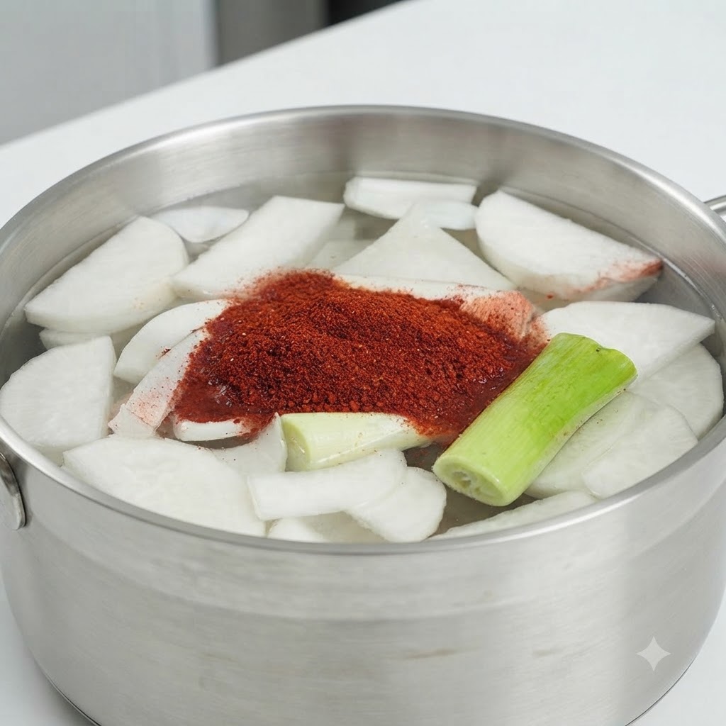Ein Topf mit Gemüsebrühe, gefüllt mit Rettichscheiben, Frühlingszwiebeln und einem zentralen Hügel aus rotem Chilipulver und koreanischer scharfer Soßenpaste.