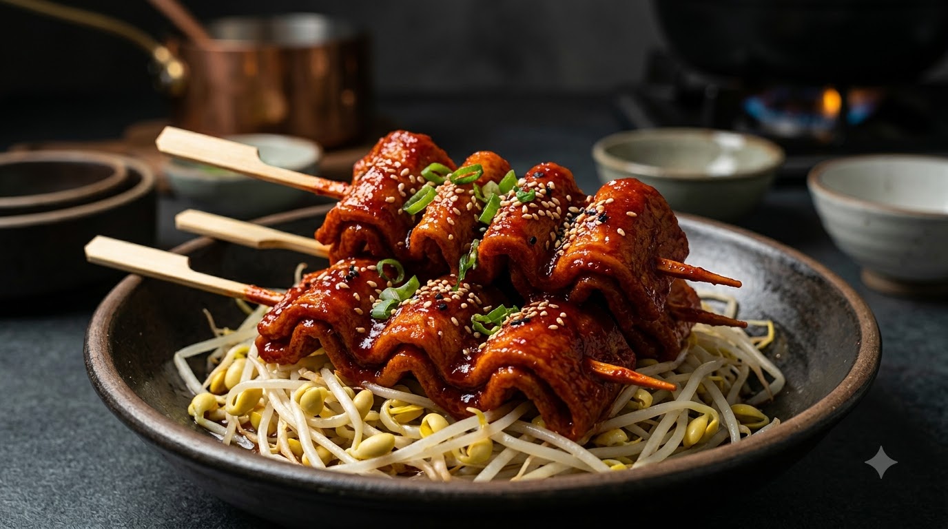 Koreanische Würzige Fischkuchen-Spieße im Street-Style mit Sojasprossen