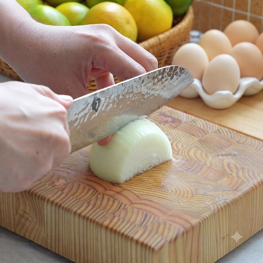 Eine halbe Zwiebel wird auf einem Holzschneidebrett mit einem Kochmesser in kleine Stücke geschnitten.