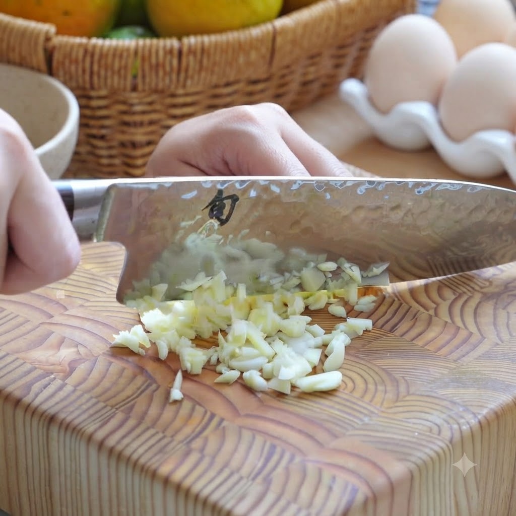 Knoblauchzehen werden auf dem Schneidebrett mit einem Kochmesser fein gehackt.