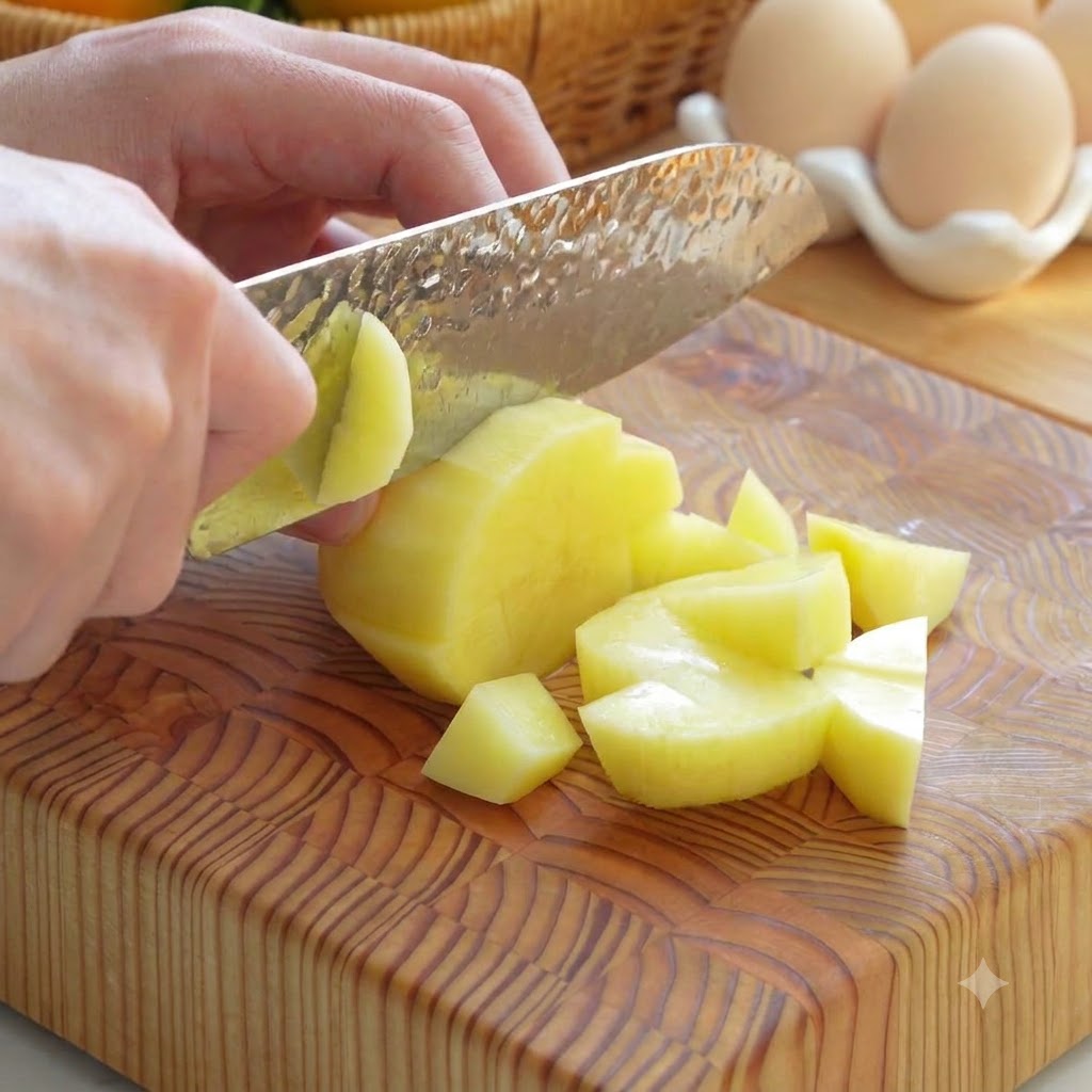 Kartoffeln und Karotten werden geschält und auf einem Schneidebrett in kleine, gleichmäßige Würfel geschnitten.