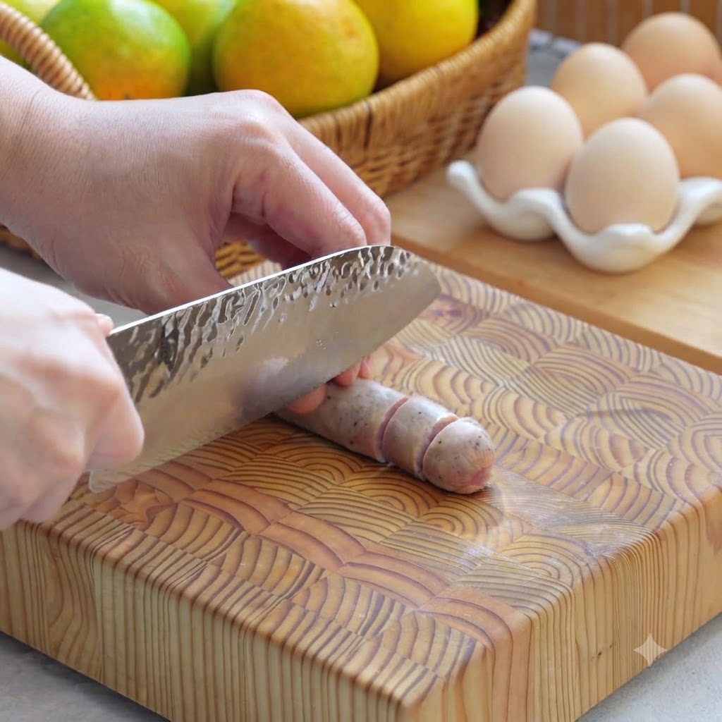 Schwarzwurzelwürste werden auf einem Holzschneidebrett in runde Scheiben geschnitten.