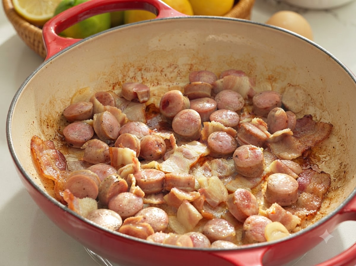 Baconstreifen und Wurstscheiben braten in einer großen roten Pfanne an, bis die Oberflächen gebräunt und leicht angekokelt sind.