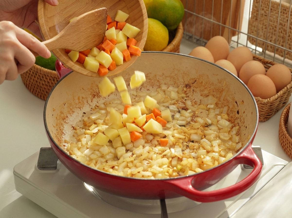 Gewürfelte Kartoffeln und Karotten werden aus einer Holzschüssel in eine Pfanne mit sautiertem Gemüse gegeben.