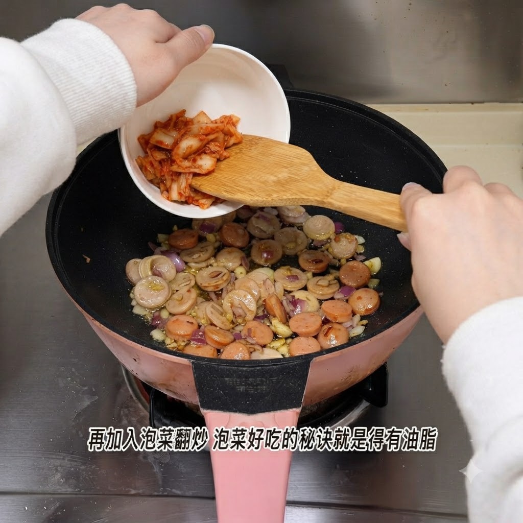 Kimchi being poured from a small white bowl into the pan with sausages and onions.