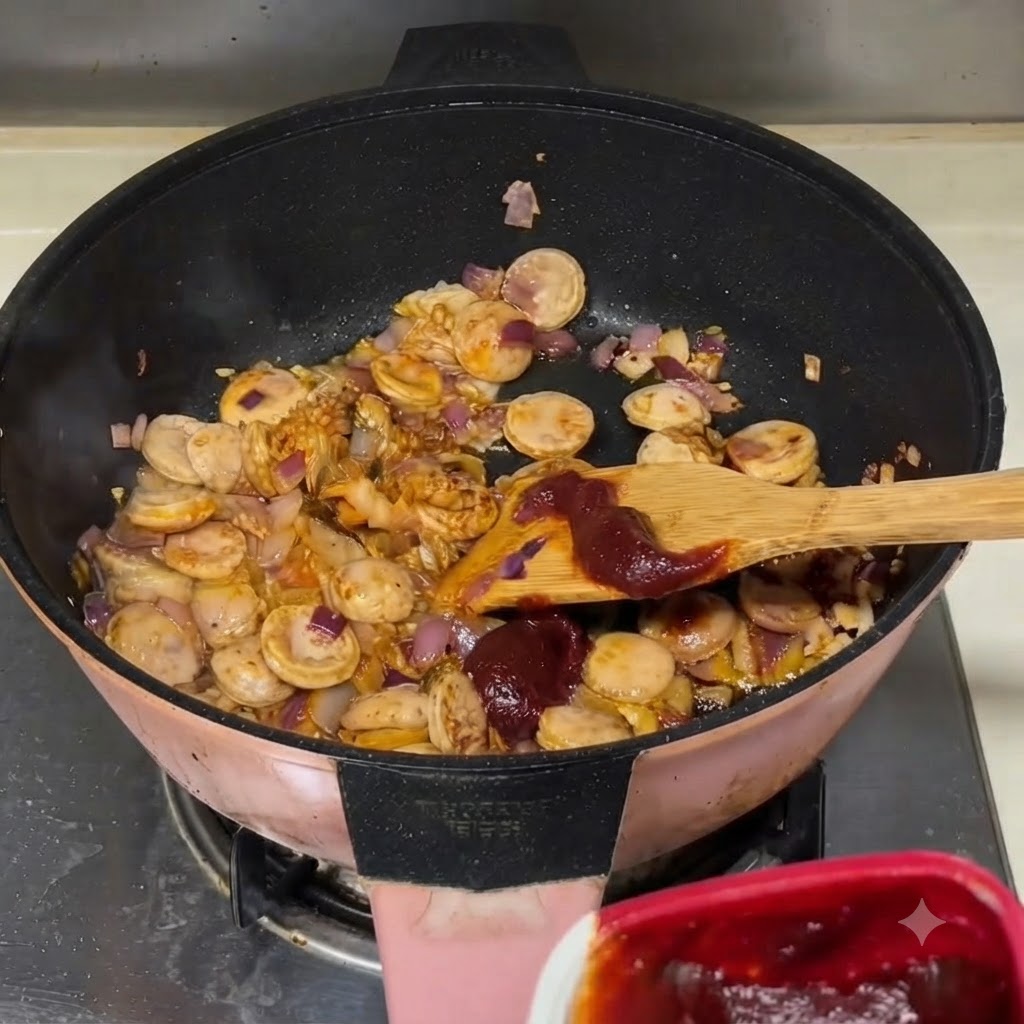 Sauces being added onto the ingredients inside the cooking pan.