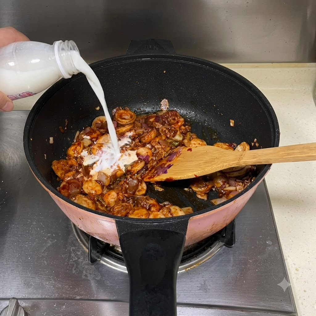 Milk pouring from a plastic bottle into the cooking pan with the simmering ingredients.