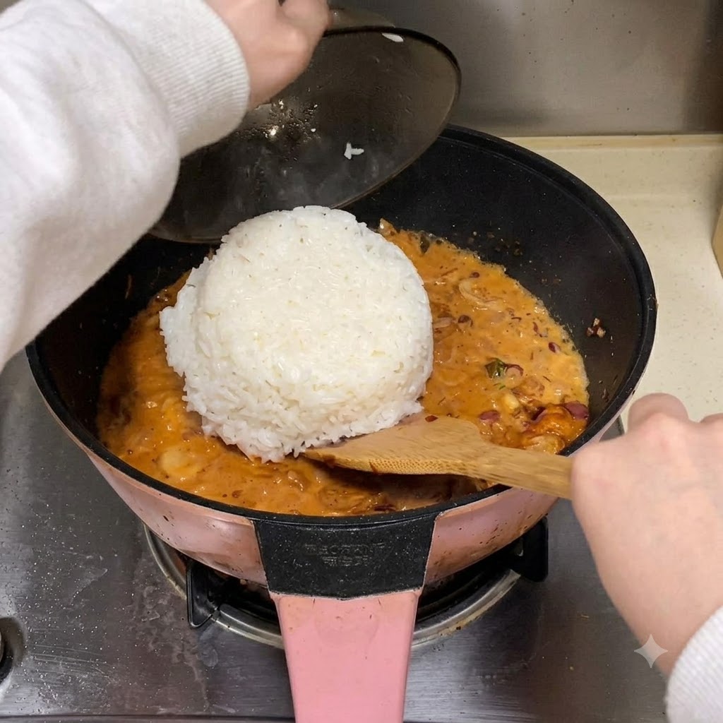 A bowl of white rice being tipped over into a bubbling red sauce in a pan.
