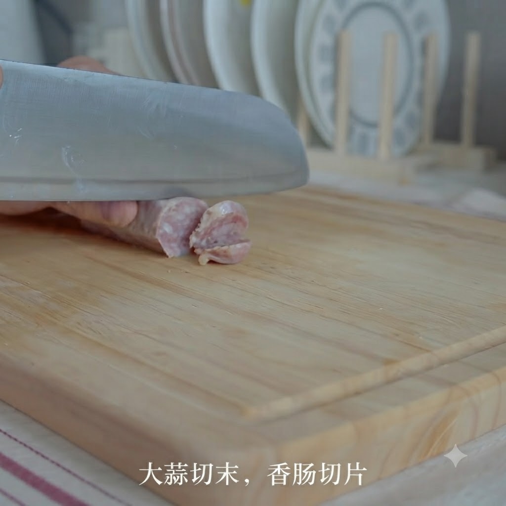 Ein Küchenmesser schneidet eine Wurst auf einem Holzschneidebrett in Scheiben.