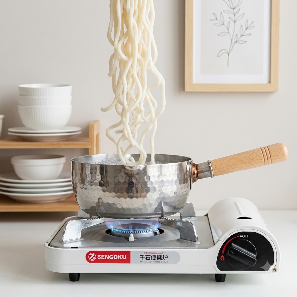 Udon-Nudeln kochen in einem kleinen Metalltopf über einer offenen Flamme.
