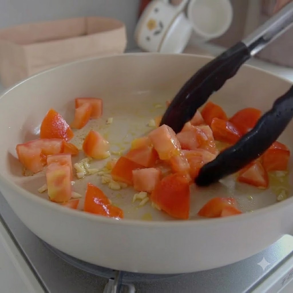Gehackte Tomaten, Kimchi und Wurstscheiben werden in einer weißen Pfanne mit Küchenzange angebraten.