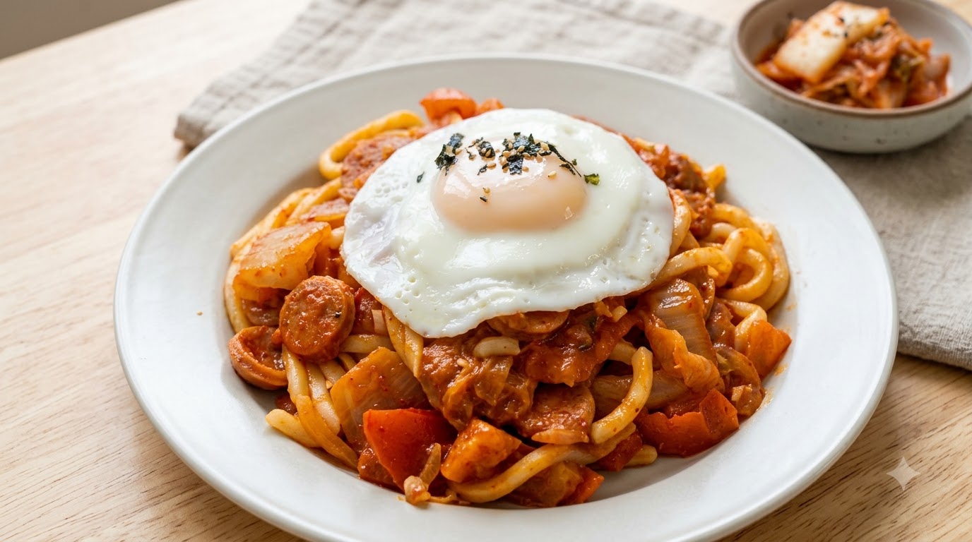 Ein Teller gebratene Kimchi-Wurst-Udon, garniert mit einem Spiegelei und Meeresalgenflocken