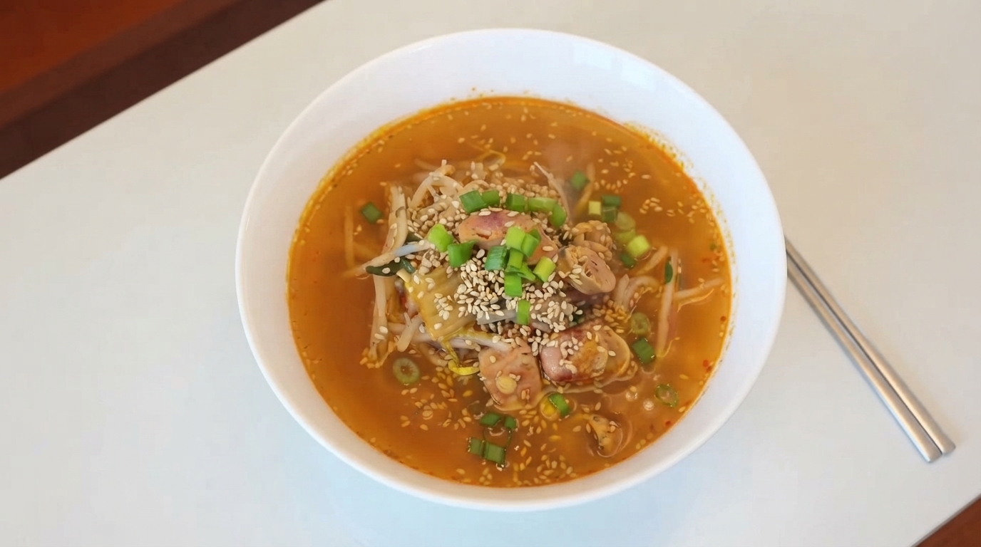 10-Minuten-Kimchi-Wurst-Suppe mit Mungobohnenkeimlingen