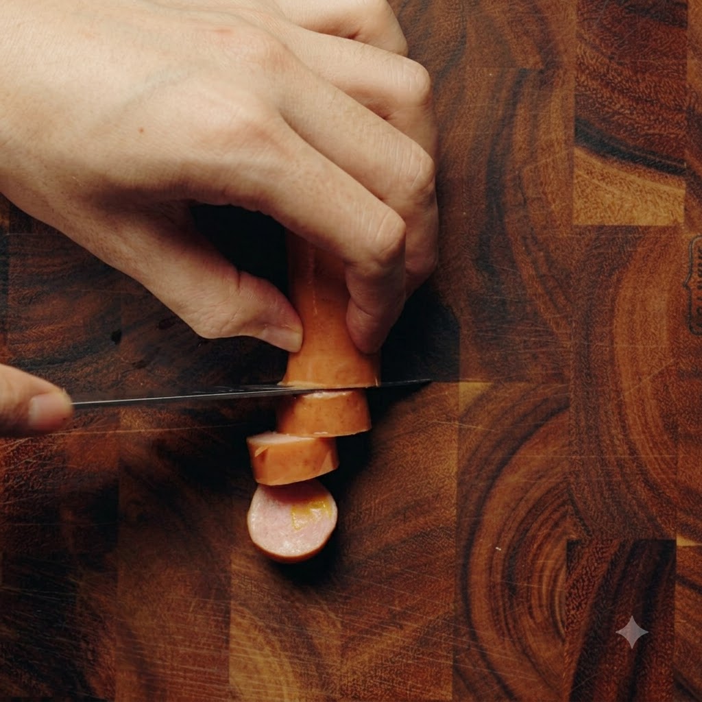 Eine Hand schneidet eine Käsewurst auf einem Holzschneidebrett mit einem Messer in kleine Abschnitte.