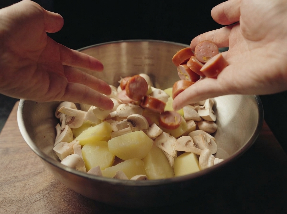 Hände geben geschnittene Würste und weiße Champignons in eine Rührschüssel mit gekochten Kartoffelstücken.