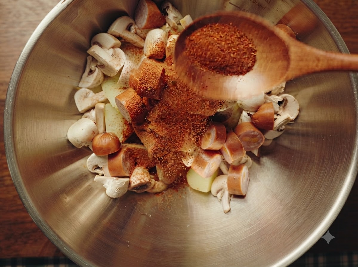 Ein Holzlöffel streut Kreuzkümmelpulver, Chilipulver und Salz über Zutaten in einer Rührschüssel.