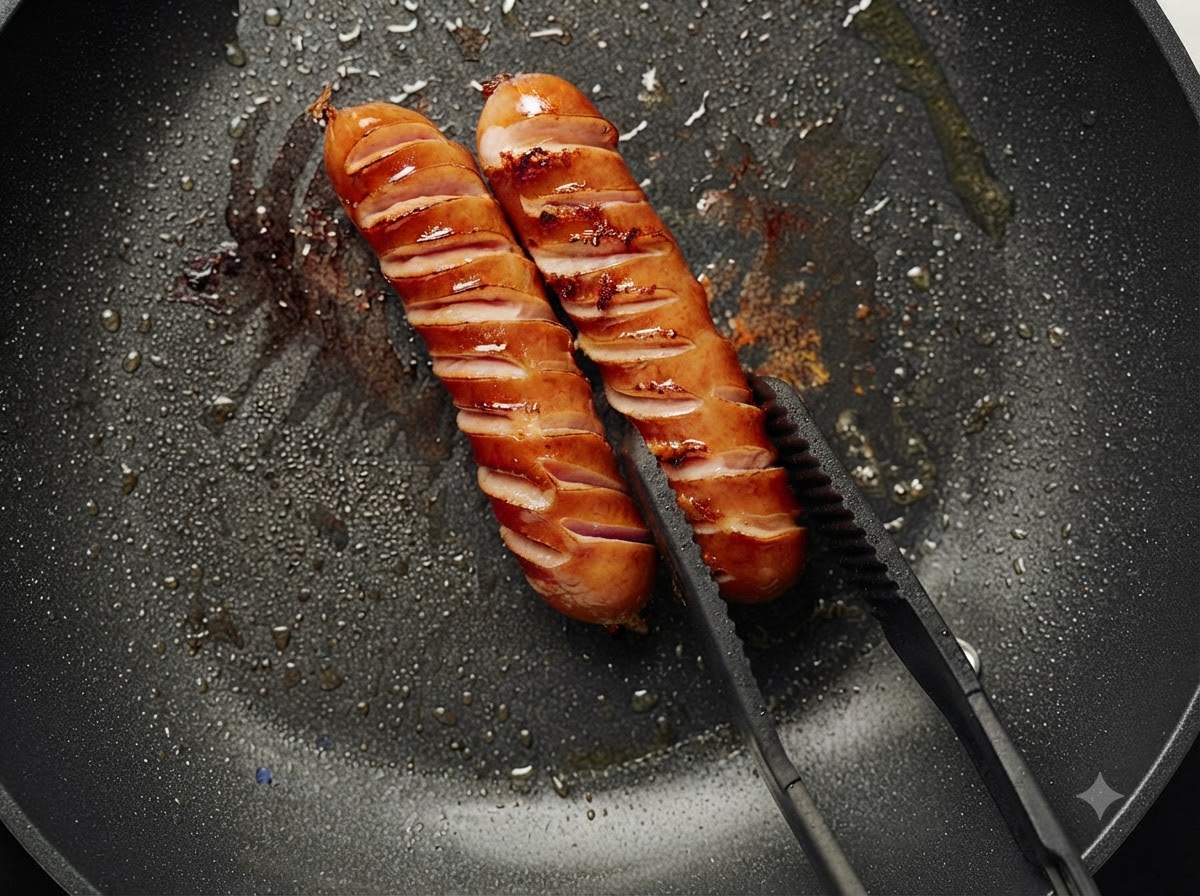 Zwei eingeschnittene Käsewürste braten und bräunen in einer schwarzen Pfanne und werden mit einer Zange gehalten.