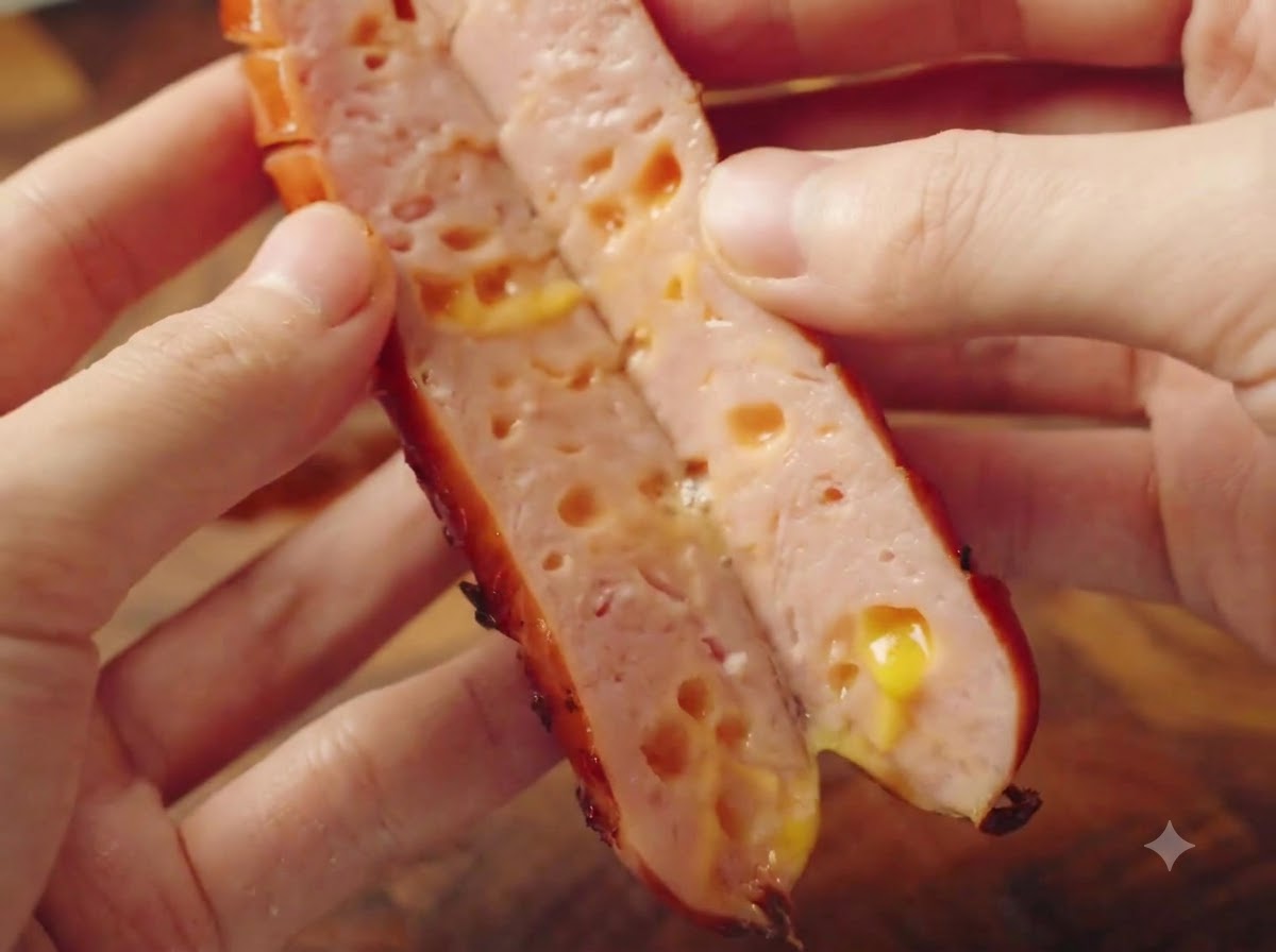 Eine frisch zubereitete Käsewurst ist in der Mitte aufgeschnitten und zeigt geschmolzenen gelben Käse im Inneren.