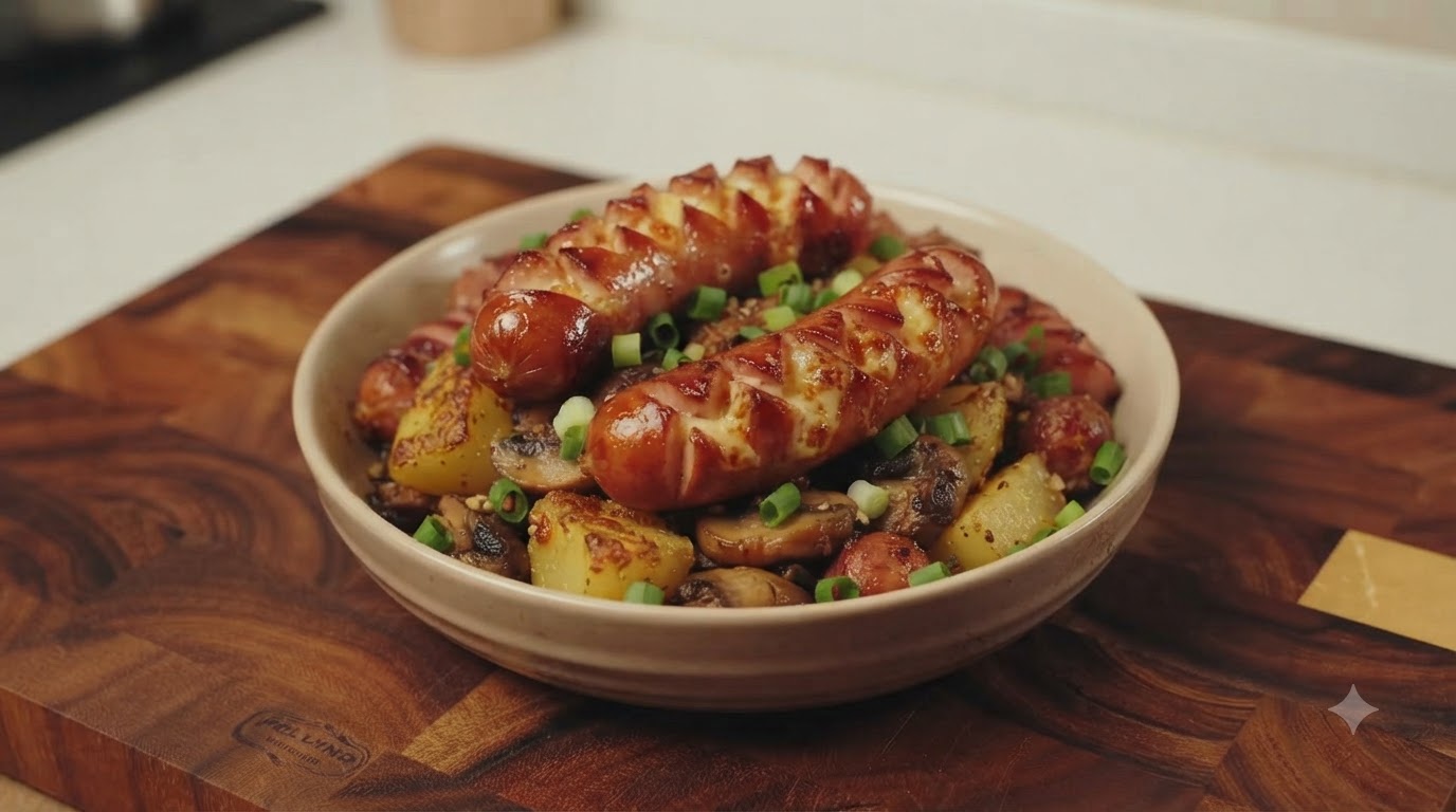 Geröstete Kartoffel- und Bratkäse-Wurst-Schüssel