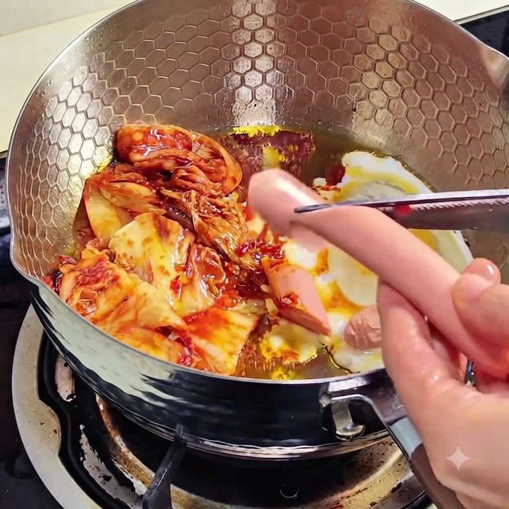 Kimchi brät in einer Pfanne zusammen mit einem Ei und Wurstscheiben.