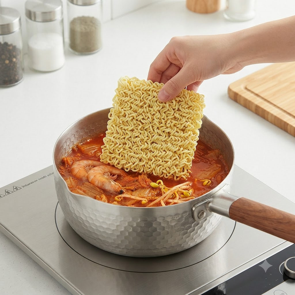 Ramen-Nudeln werden in eine kochende Brühe mit Garnelen und Gemüse gelegt.