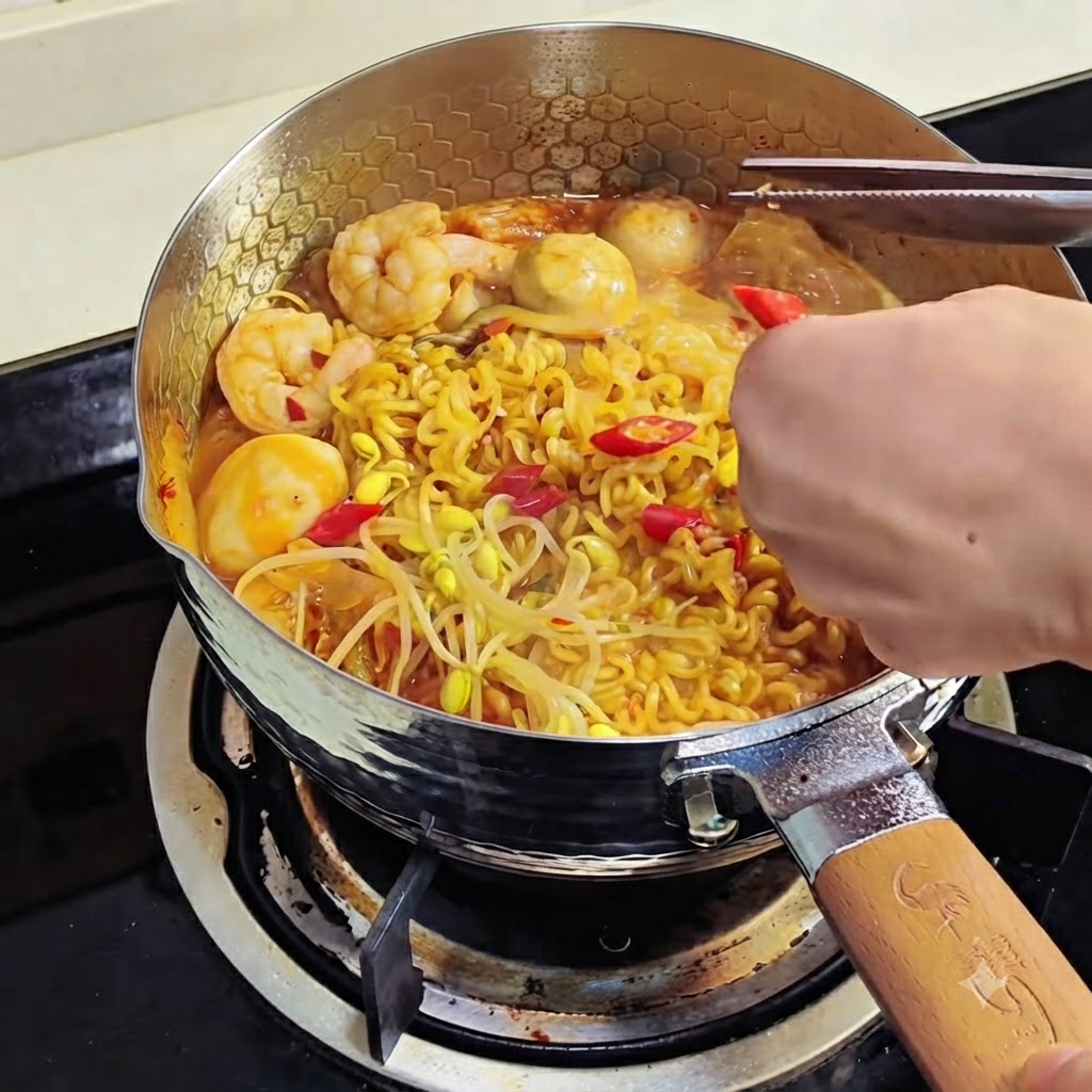Gehackte rote Chilis und Frühlingszwiebeln werden über die gekochten Ramen gestreut.