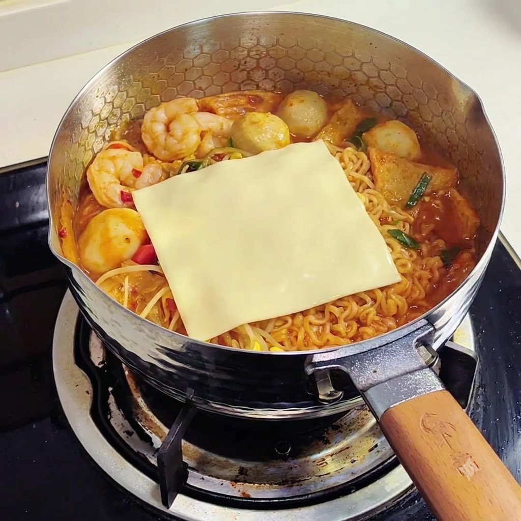 Zwei Scheiben gelber Käse liegen auf den dampfenden Ramen-Nudeln in der Pfanne.