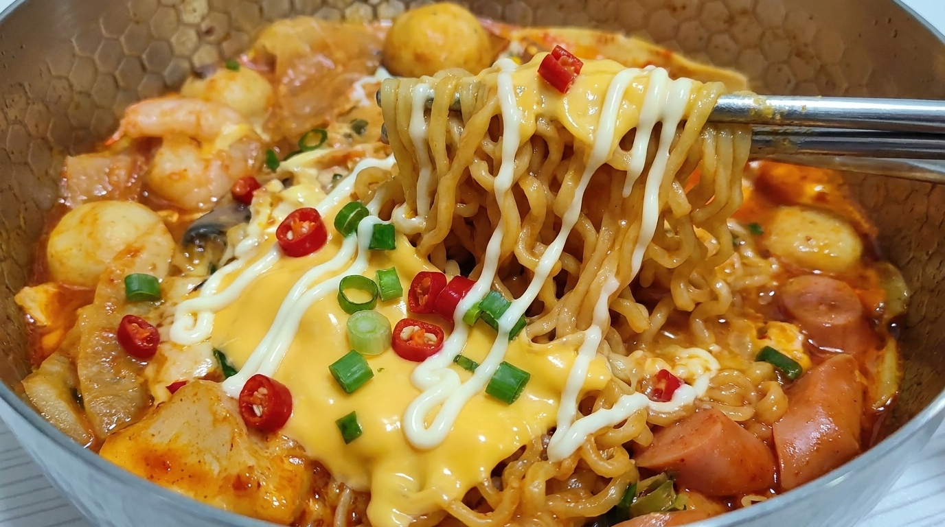 Ein dampfender Topf Instant-Ramen, belegt mit geschmolzenem Käse, Mayonnaise und frischen Chiliringen, von dem eine Portion mit Stäbchen angehoben wird.