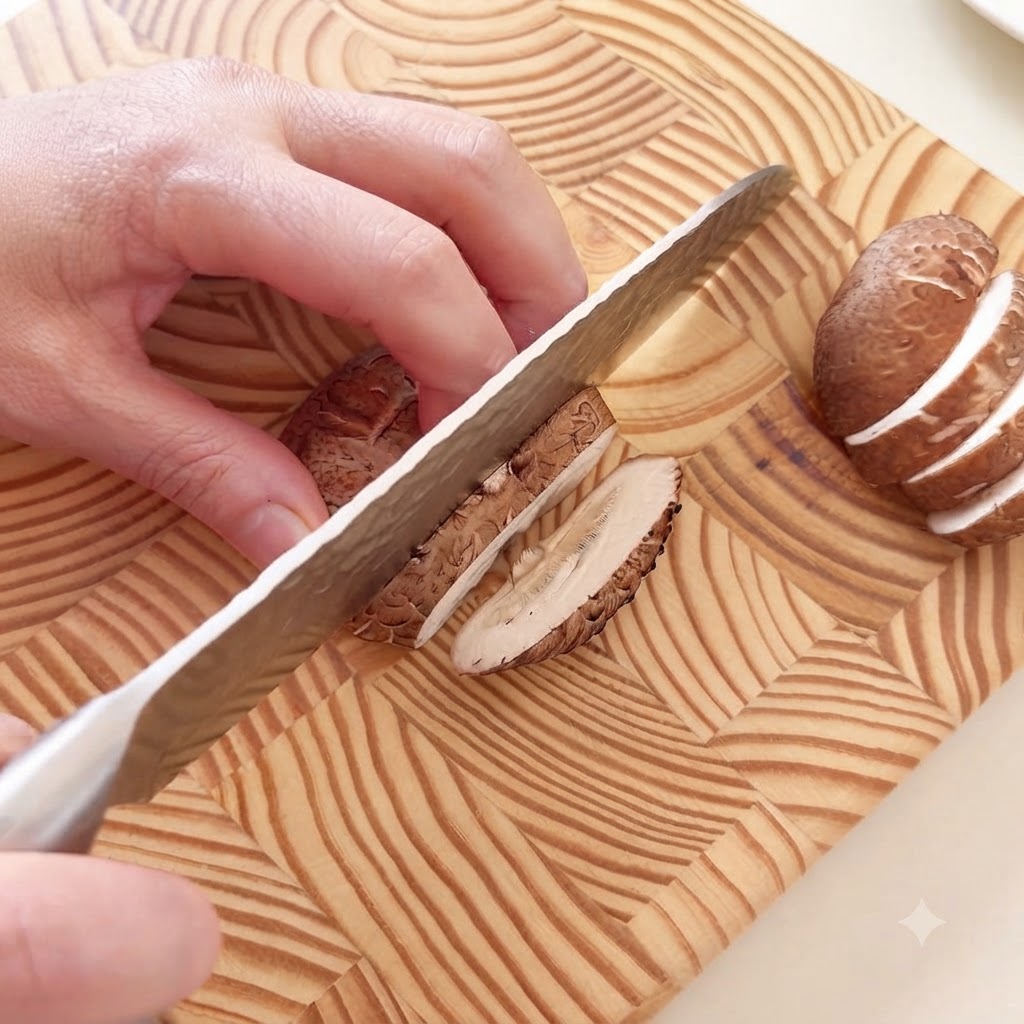 Shiitake-Pilze und Schinkenwurst werden mit einem Messer auf einem Holzschneidebrett in dünne Scheiben geschnitten.