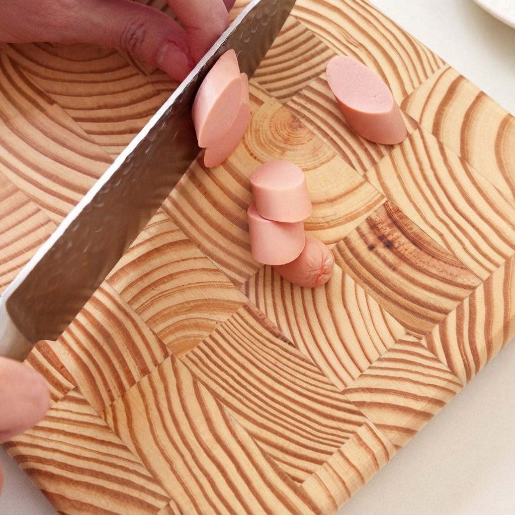 Ein Block weißer Tofu wird auf einem Holzschneidebrett in kleine Quadrate geschnitten.