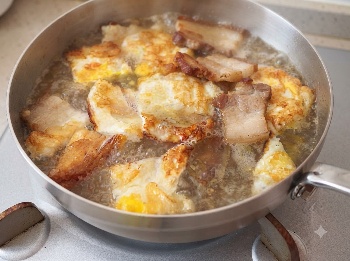 Geschnittene Pilze, Schinkenwurst und weiße Tofustücke werden in den Topf mit Brühe gegeben.
