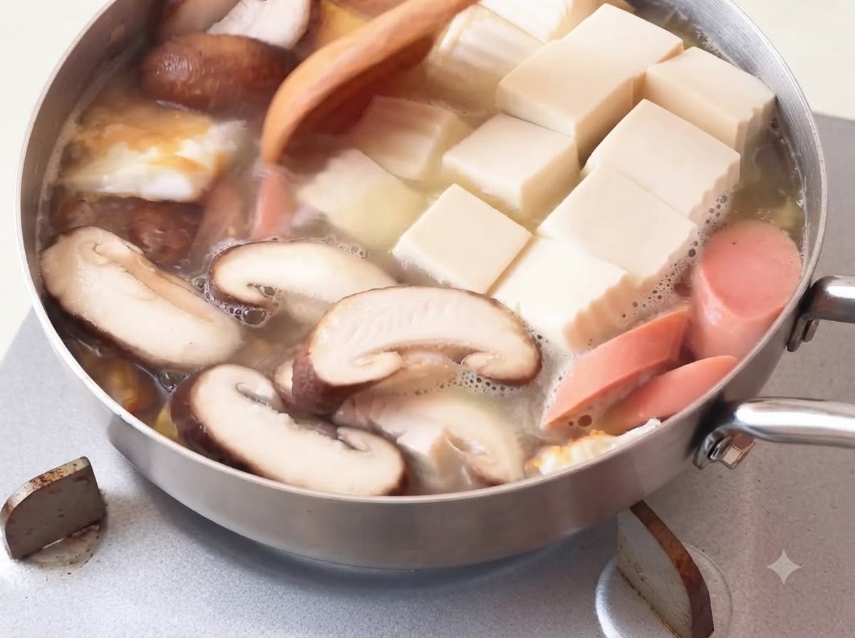 Frische Chinakohlblätter werden mit einem Holzlöffel in die köchelnde Suppe gegeben.