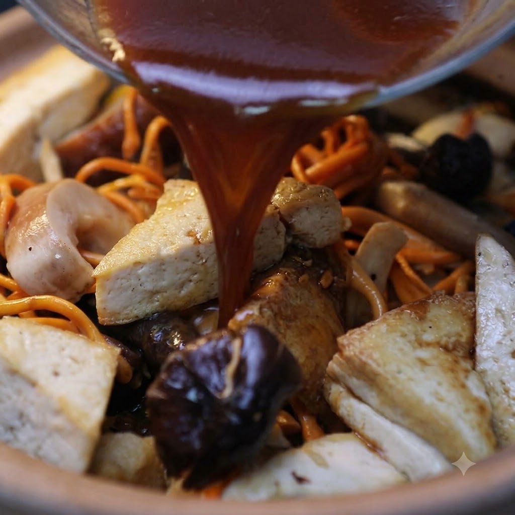 Eine dunkelbraune, herzhafte Soße wird aus einer Glasschüssel über den gebratenen Tofu und verschiedene Pilze in einem Tontopf gegossen.