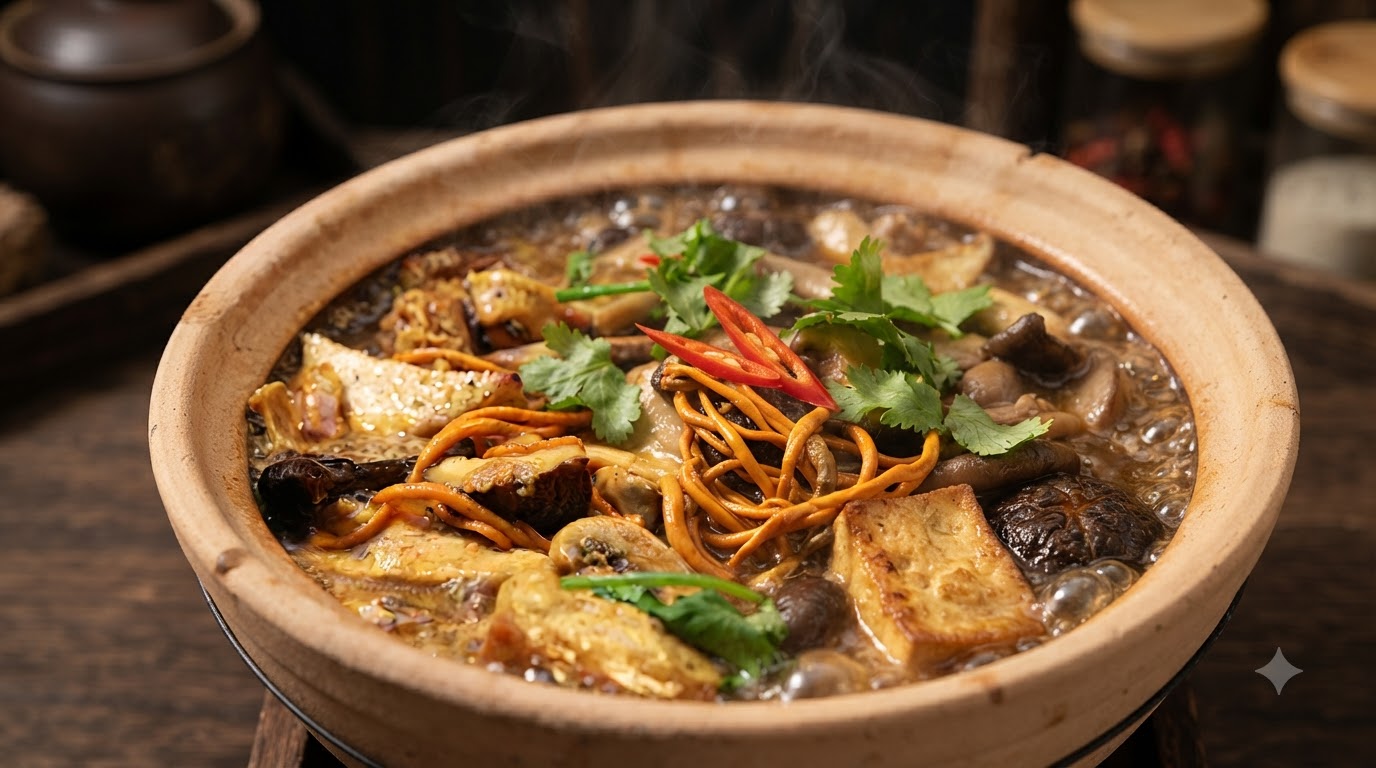 Gemischter Pilz- und Tofu-Tontopf (nach Art von Buddha springt über die Mauer)