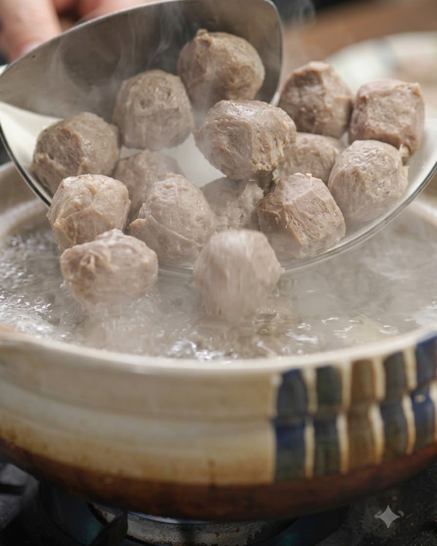 Rinderbällchen werden von einem Löffel in einen Topf mit kochendem Wasser gegeben.