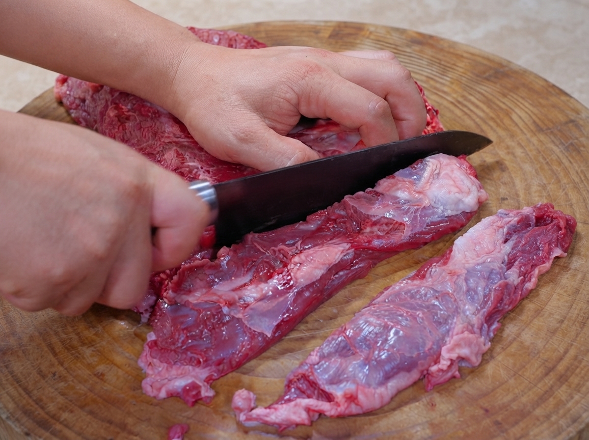 Hände schneiden rohes Rindfleisch mit einem Küchenmesser in lange Streifen und gleichmäßige Stücke auf einem runden Holzschneidebrett.