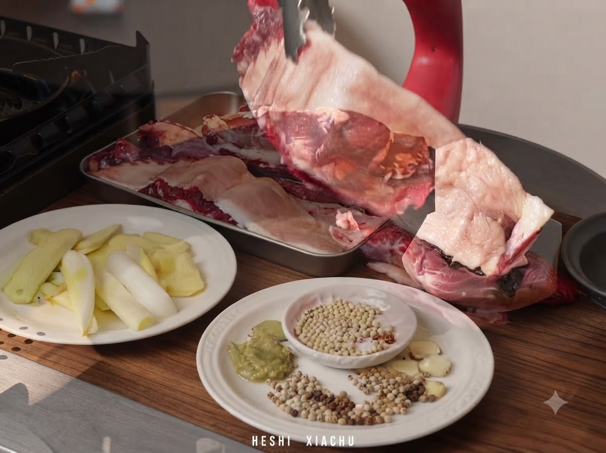 Rohe Rinderbruststücke werden in eine Pfanne mit kaltem Wasser, Ingwer und Frühlingszwiebeln gegeben.
