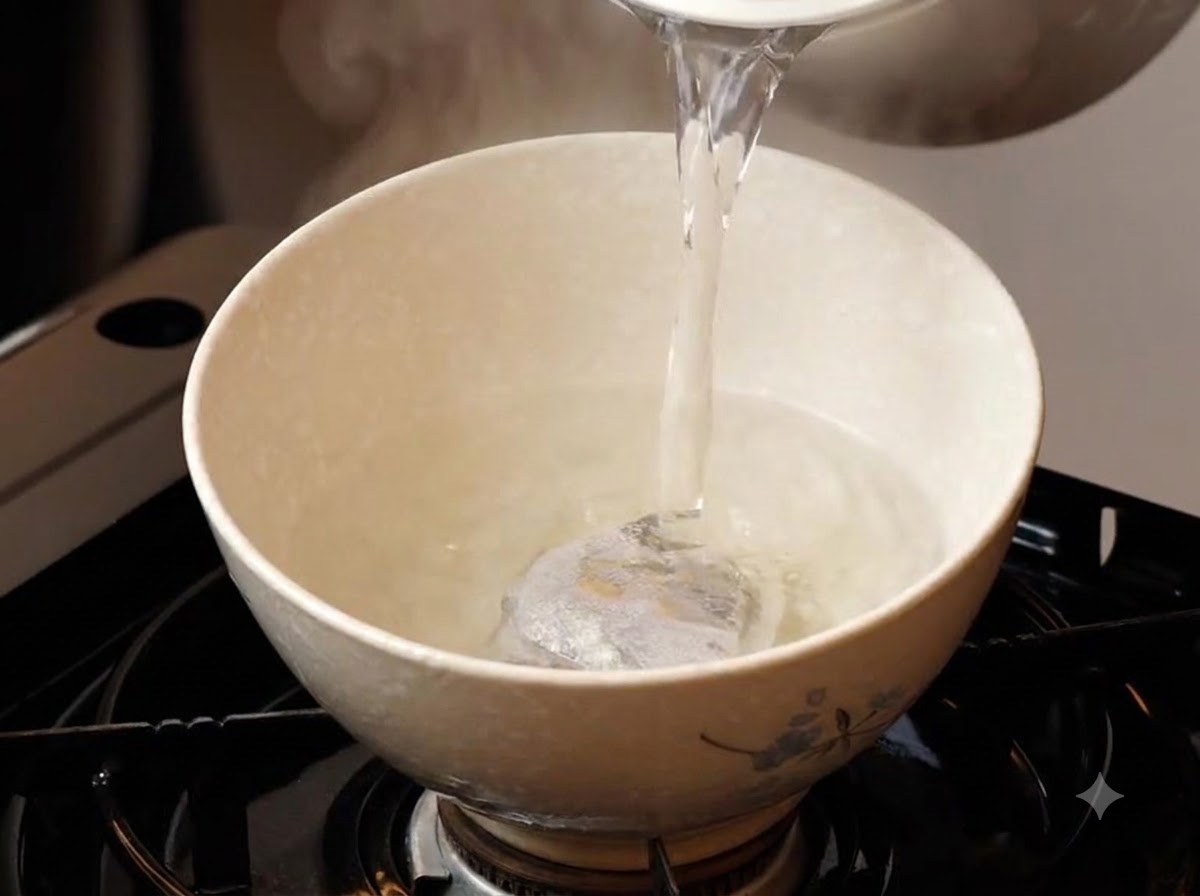 Kochendes Wasser wird aus einem Wasserkocher in eine Keramikschüssel mit einem versiegelten Gewürzbeutel gegossen.
