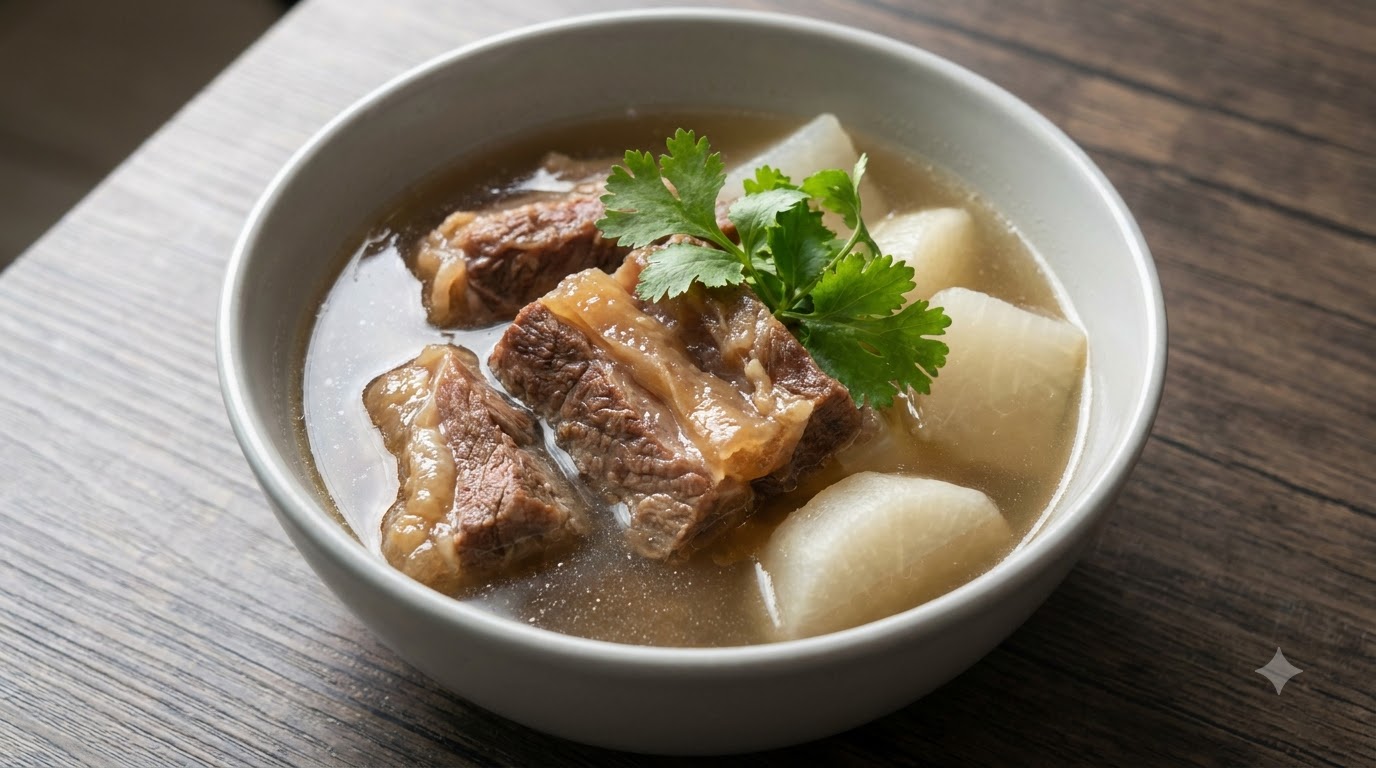 Eine Keramikschüssel mit klarer Rinderbrustsuppe, zartem Weißrettich, sehnenreichen Rindfleischstücken und frischem Koriander