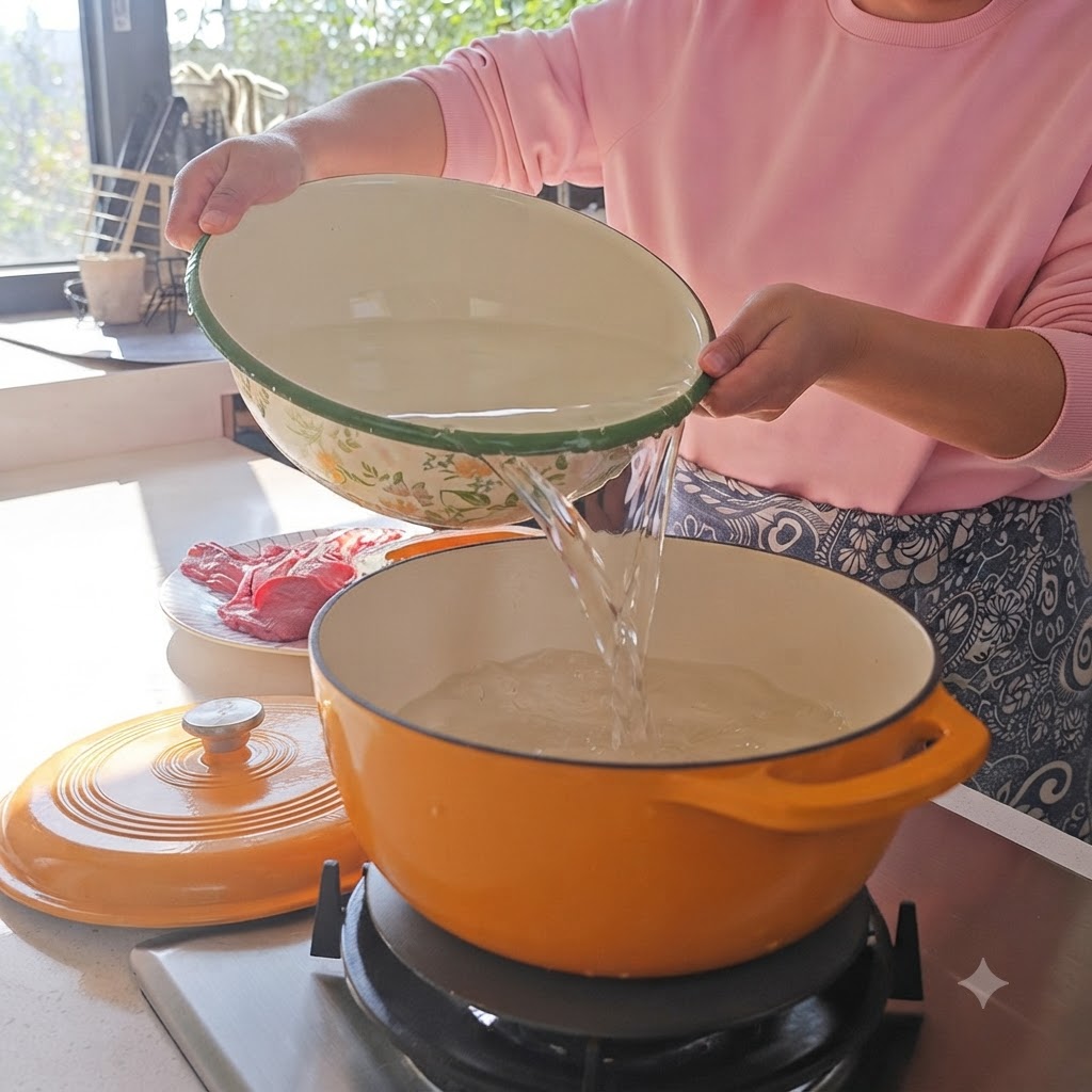 Wasser wird aus einer Emailleschüssel in einen orangen Dutch Oven auf einem Herd gegossen.