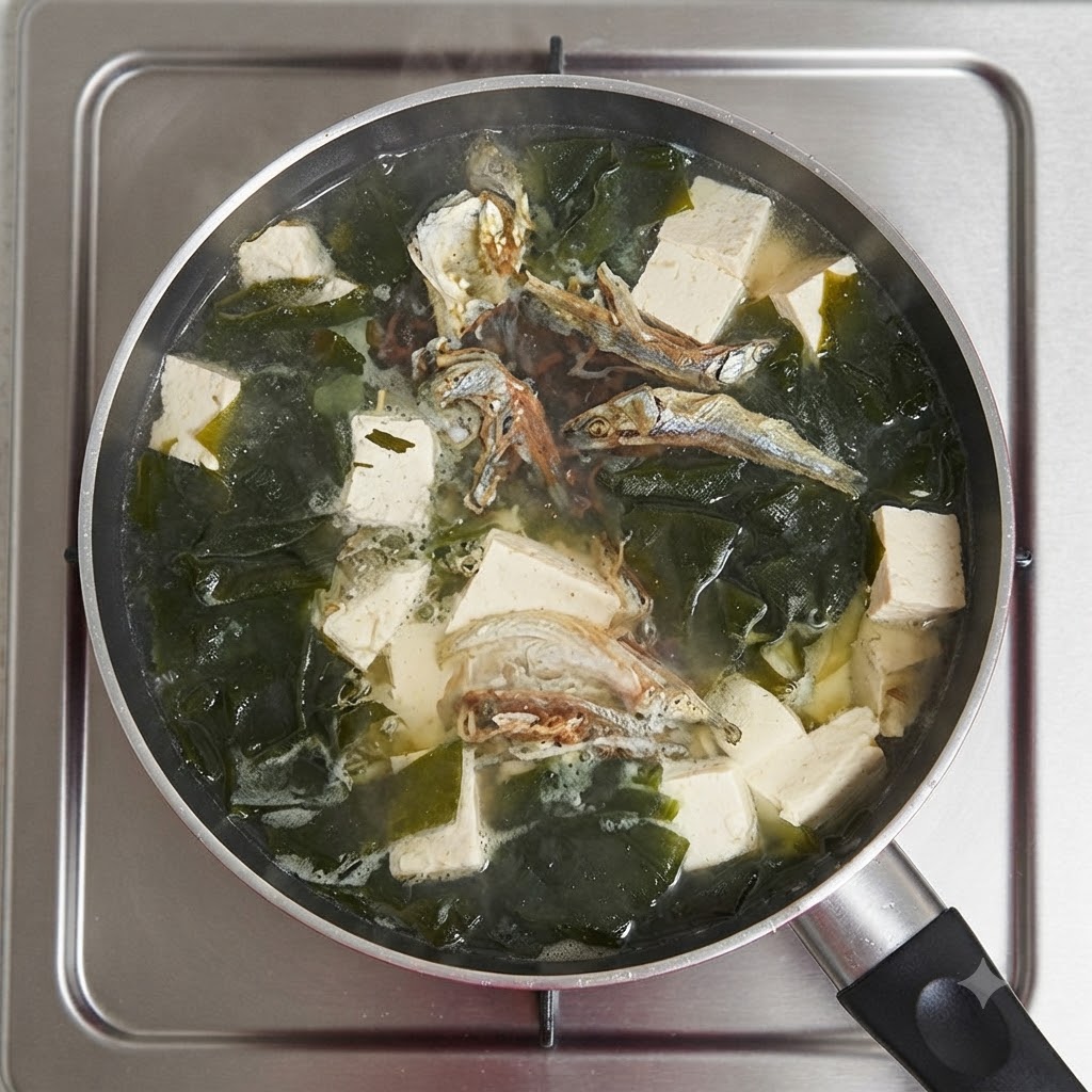 Dashi-Pulver wird in den köchelnden Suppentopf gestreut.