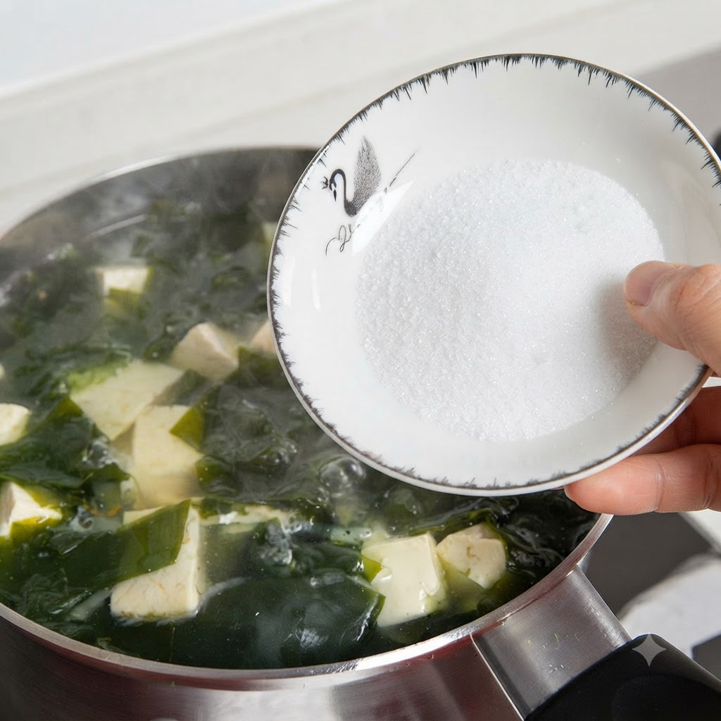 Eine weiße Schüssel mit Salz wird über einen köchelnden Topf mit Algen- und Tofusuppe gehalten.