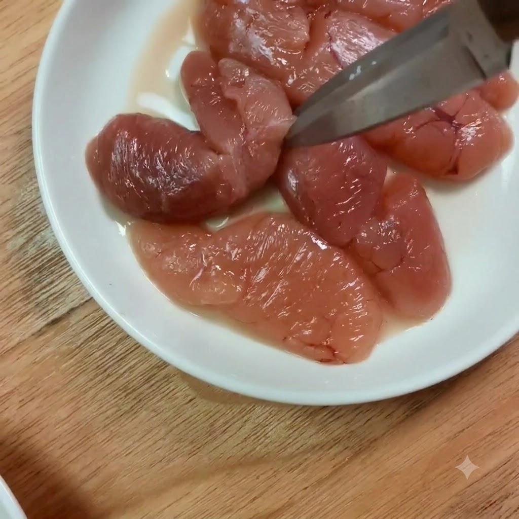 Pollackrogen wird mit einer Schere auf einem weißen Teller in kleinere Stücke geschnitten.