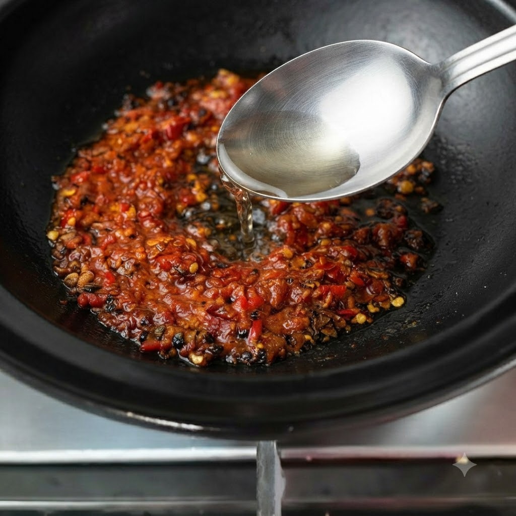 Wasser wird aus einem Messbecher in den Topf mit der Chilibasis gegossen.