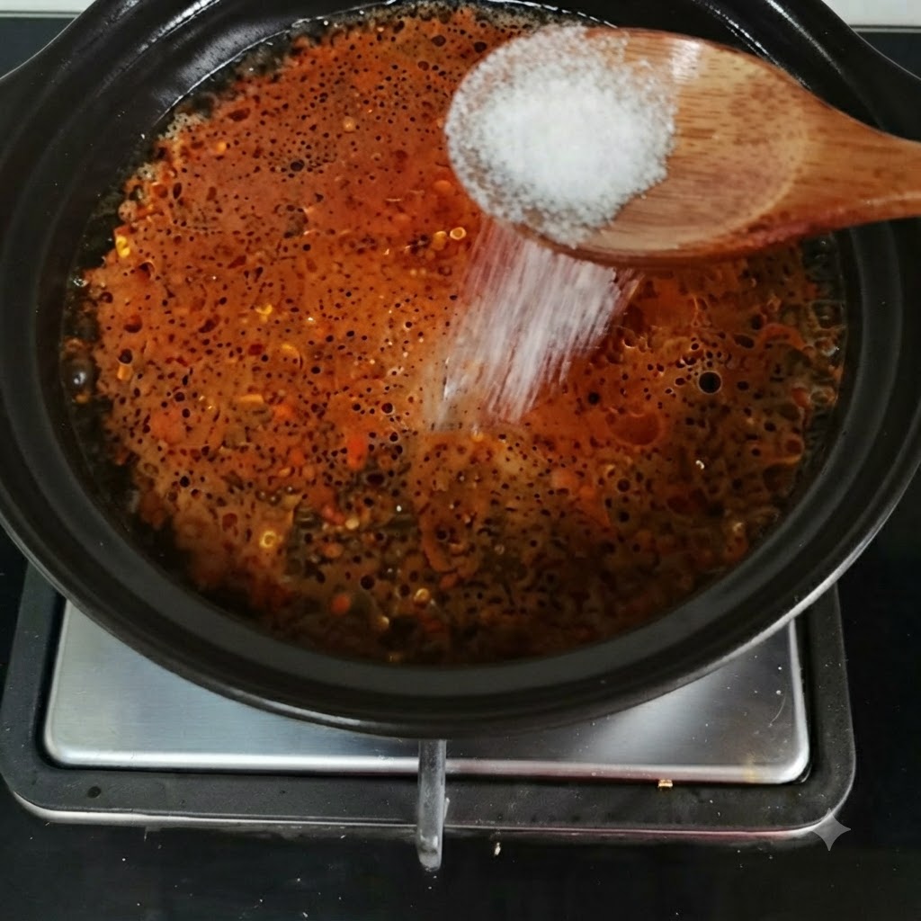 Salz wird von einem Holzlöffel in den blubbernden Topf mit der roten Brühe gegeben.